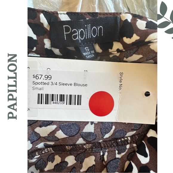 Papillon 3/4 Sleeve Spotted Blouse Black Brown White Open Collar Size Small - Picture 7 of 7